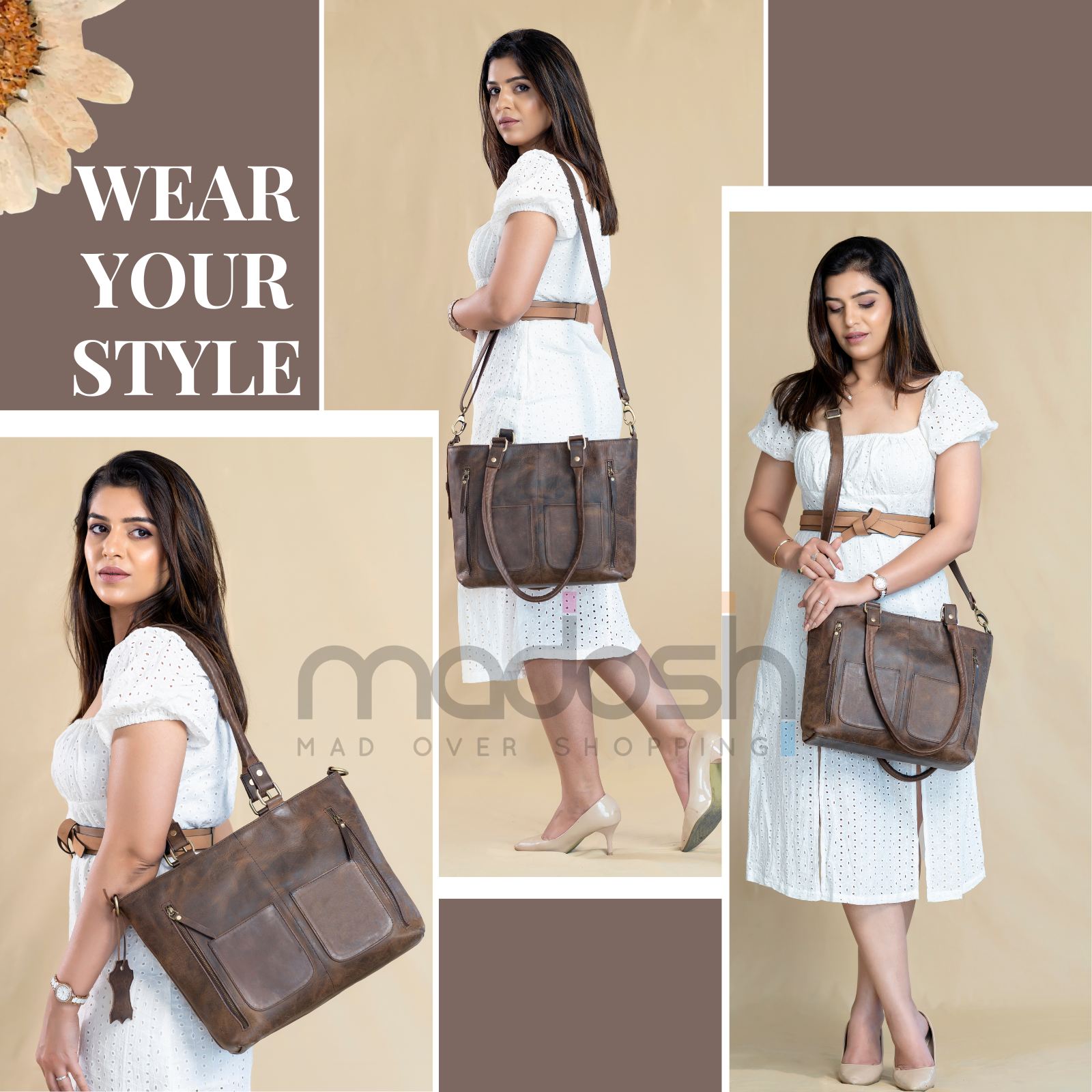 Madosh Genuine Leather Brown Tote Bag Messenger Bag Ladies Purse Crossbody Shoulder Satchel Handbag